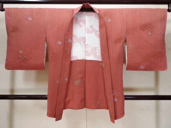 Photo1: L0921K Used Japanese women Pale Pink HAORI short jacket / Silk.  Ear of rice, umbrella  (Grade C) (1)