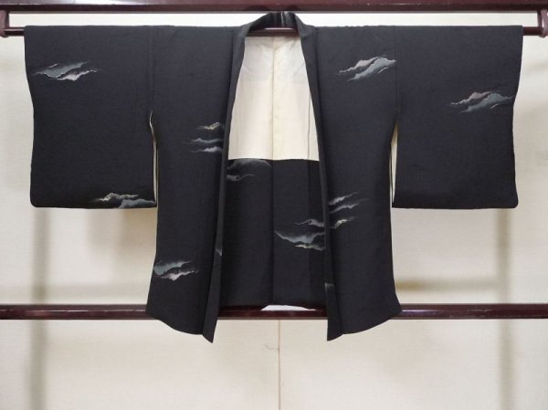 Photo1: L0921Z Used Japanese women  Black HAORI short jacket / Silk. Mountain,   (Grade A) (1)
