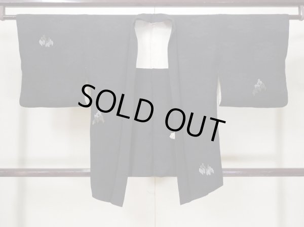 Photo1: L0922A Used Japanese women  Black HAORI short jacket / Silk. Temple,   (Grade D) (1)
