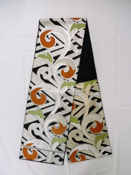 Photo1: L0928D Vintage Japanese Kimono   Black FUKURO OBI sash Arabesque vine Silk. (Grade C) (1)