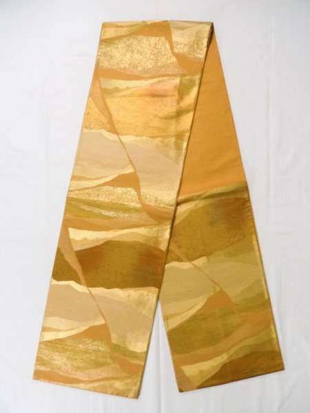 Photo1: L0928L Vintage Japanese Kimono Shiny Pale Orange FUKURO OBI sash Abstract pattern Silk. (Grade B) (1)