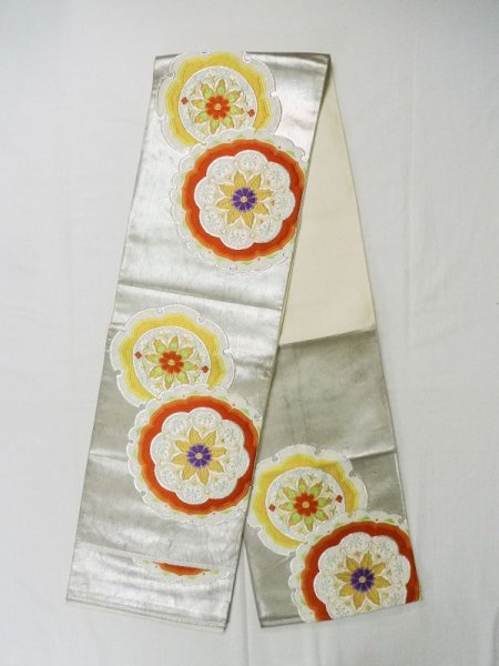 Photo1: L0928N Vintage Japanese Kimono   Silver FUKURO OBI sash Flower Silk. (Grade C) (1)