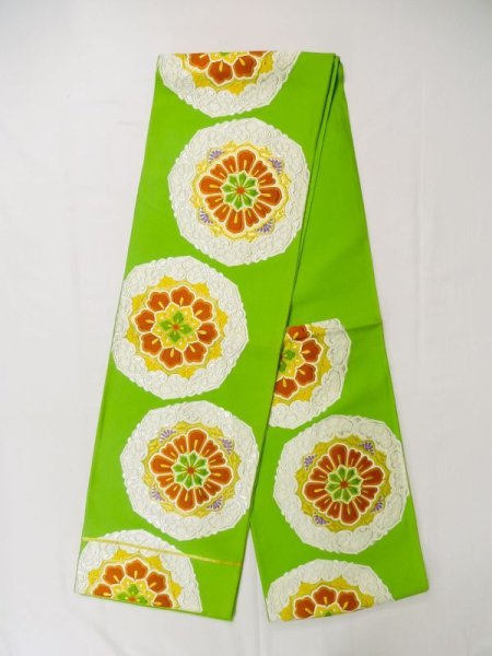 Photo1: L0928U Vintage Japanese Kimono   Yellowish Green FUKURO OBI sash Chinz pattern Silk. (Grade C) (1)