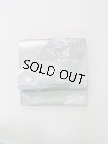 Photo2: L0928W Vintage Japanese Kimono Pale Light Teal FUKURO OBI sash Wave Silk. (Grade A) (2)