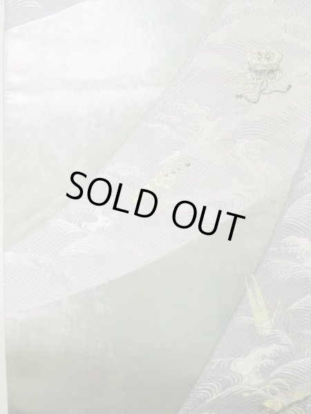 Photo3: L0928W Vintage Japanese Kimono Pale Light Teal FUKURO OBI sash Wave Silk. (Grade A) (3)