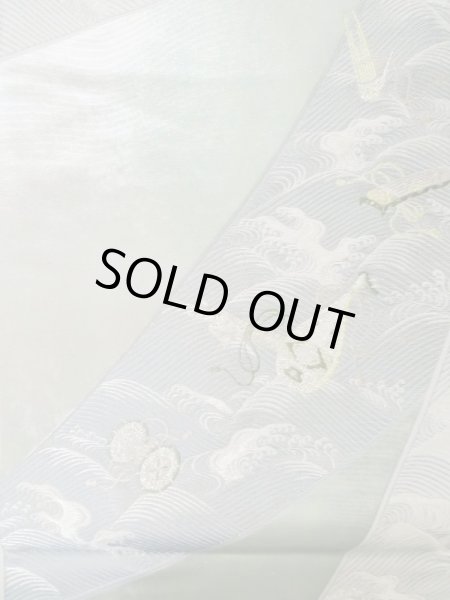 Photo4: L0928W Vintage Japanese Kimono Pale Light Teal FUKURO OBI sash Wave Silk. (Grade A) (4)