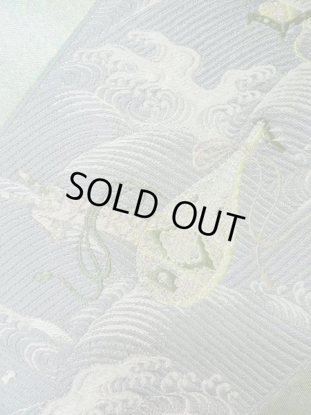 Photo5: L0928W Vintage Japanese Kimono Pale Light Teal FUKURO OBI sash Wave Silk. (Grade A) (5)