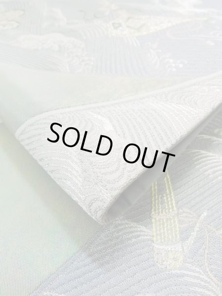 Photo11: L0928W Vintage Japanese Kimono Pale Light Teal FUKURO OBI sash Wave Silk. (Grade A) (11)