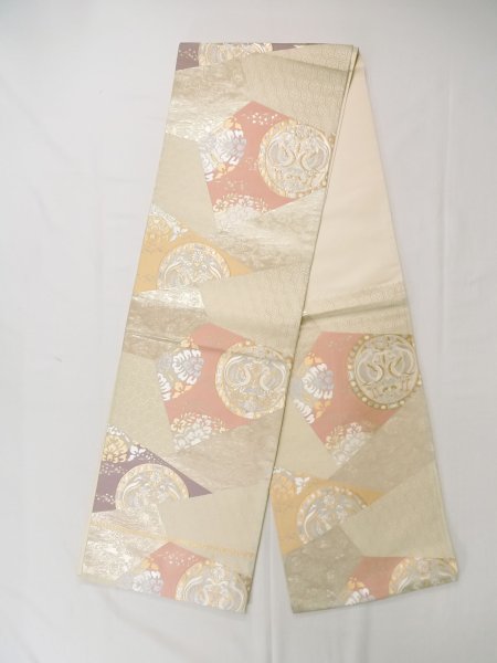 Photo1: L0928X Vintage Japanese Kimono   Off White FUKURO OBI sash Chinese flower Silk. (Grade A) (1)