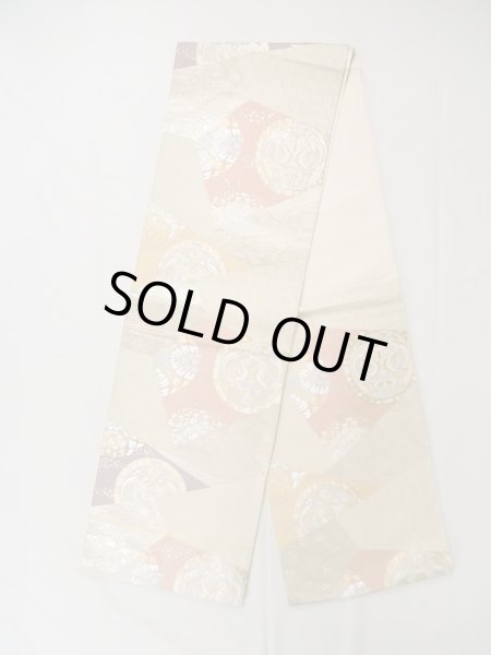 Photo1: L0928X Vintage Japanese Kimono   Off White FUKURO OBI sash Chinese flower Silk. (Grade A) (1)