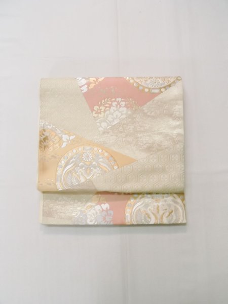 Photo2: L0928X Vintage Japanese Kimono   Off White FUKURO OBI sash Chinese flower Silk. (Grade A) (2)