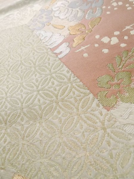 Photo10: L0928X Vintage Japanese Kimono   Off White FUKURO OBI sash Chinese flower Silk. (Grade A) (10)