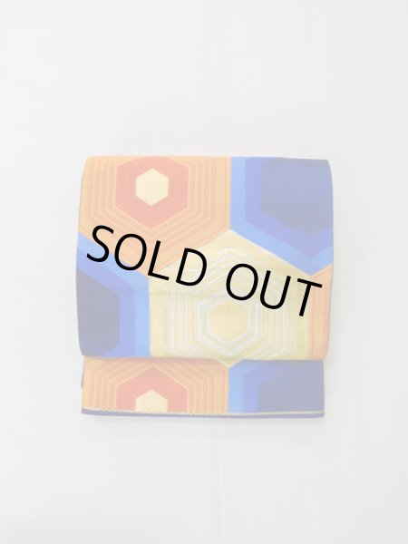 Photo2: L0928Y Vintage Japanese Kimono   Blue FUKURO OBI sash Tortoise-shell pattern― Hexagonal pattern Silk. (Grade B) (2)