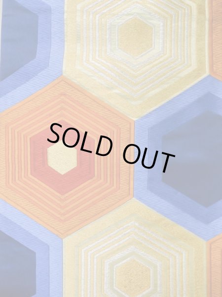 Photo3: L0928Y Vintage Japanese Kimono   Blue FUKURO OBI sash Tortoise-shell pattern― Hexagonal pattern Silk. (Grade B) (3)