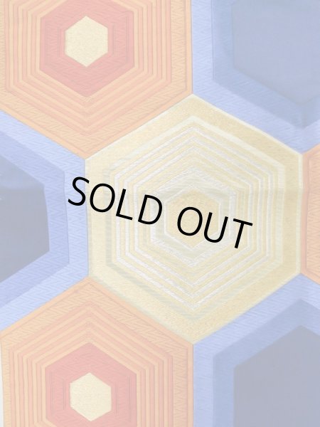 Photo4: L0928Y Vintage Japanese Kimono   Blue FUKURO OBI sash Tortoise-shell pattern― Hexagonal pattern Silk. (Grade B) (4)