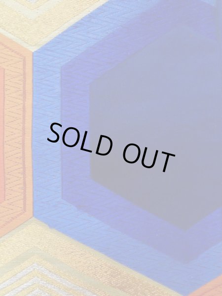 Photo7: L0928Y Vintage Japanese Kimono   Blue FUKURO OBI sash Tortoise-shell pattern― Hexagonal pattern Silk. (Grade B) (7)