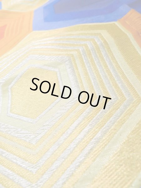 Photo10: L0928Y Vintage Japanese Kimono   Blue FUKURO OBI sash Tortoise-shell pattern― Hexagonal pattern Silk. (Grade B) (10)