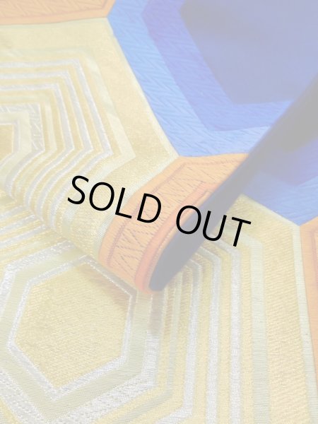 Photo11: L0928Y Vintage Japanese Kimono   Blue FUKURO OBI sash Tortoise-shell pattern― Hexagonal pattern Silk. (Grade B) (11)