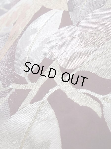 Photo8: L0928Z Vintage Japanese Kimono Dark Brownish Purple FUKURO OBI sash Camellia Silk. (Grade A) (8)