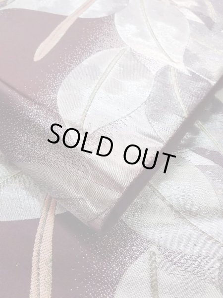 Photo11: L0928Z Vintage Japanese Kimono Dark Brownish Purple FUKURO OBI sash Camellia Silk. (Grade A) (11)