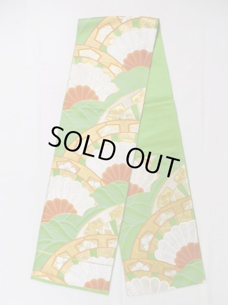 Photo1: L1005B Vintage Japanese Kimono   Green FUKURO OBI sash Chrysanthemum Silk. (Grade B) (1)