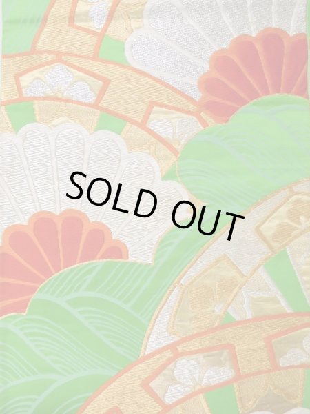 Photo3: L1005B Vintage Japanese Kimono   Green FUKURO OBI sash Chrysanthemum Silk. (Grade B) (3)