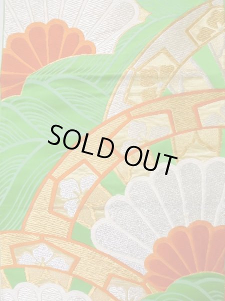 Photo4: L1005B Vintage Japanese Kimono   Green FUKURO OBI sash Chrysanthemum Silk. (Grade B) (4)