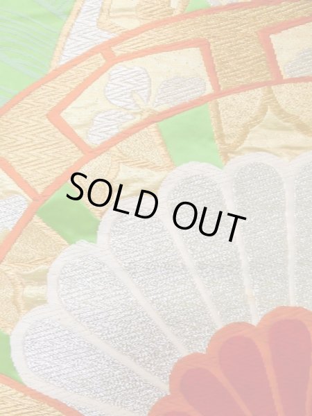 Photo5: L1005B Vintage Japanese Kimono   Green FUKURO OBI sash Chrysanthemum Silk. (Grade B) (5)