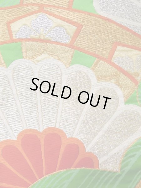 Photo6: L1005B Vintage Japanese Kimono   Green FUKURO OBI sash Chrysanthemum Silk. (Grade B) (6)