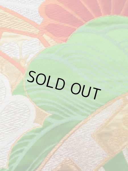 Photo7: L1005B Vintage Japanese Kimono   Green FUKURO OBI sash Chrysanthemum Silk. (Grade B) (7)