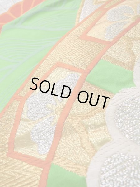 Photo8: L1005B Vintage Japanese Kimono   Green FUKURO OBI sash Chrysanthemum Silk. (Grade B) (8)