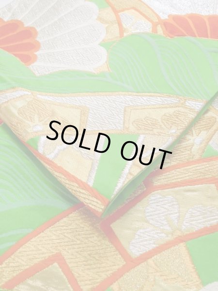 Photo11: L1005B Vintage Japanese Kimono   Green FUKURO OBI sash Chrysanthemum Silk. (Grade B) (11)