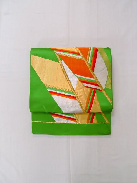 Photo2: L1005F Vintage Japanese Kimono   Green FUKURO OBI sash  Silk. (Grade B) (2)