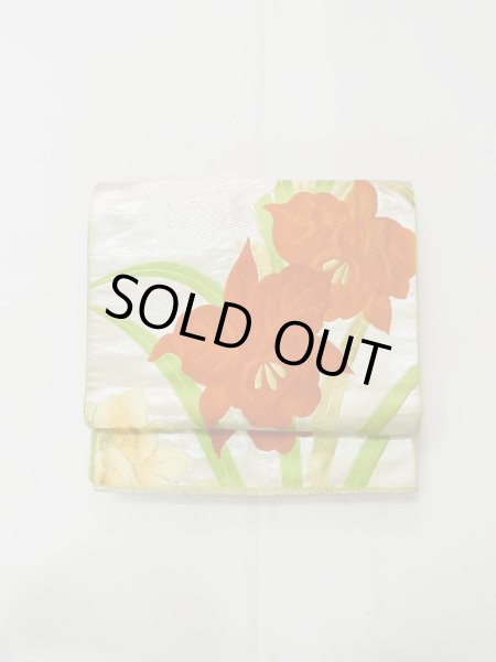 Photo2: L1005J Vintage Japanese Kimono   Silver FUKURO OBI sash Iris Silk. (Grade B) (2)