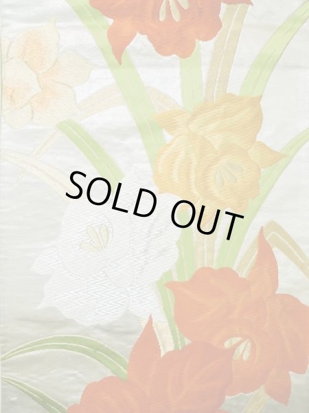 Photo3: L1005J Vintage Japanese Kimono   Silver FUKURO OBI sash Iris Silk. (Grade B) (3)