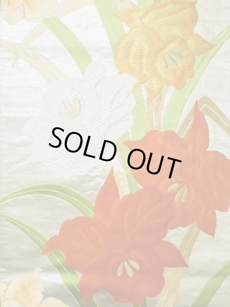 Photo4: L1005J Vintage Japanese Kimono   Silver FUKURO OBI sash Iris Silk. (Grade B) (4)