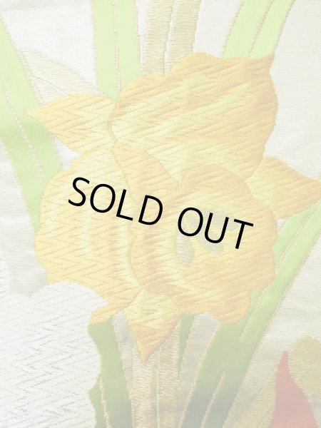 Photo6: L1005J Vintage Japanese Kimono   Silver FUKURO OBI sash Iris Silk. (Grade B) (6)