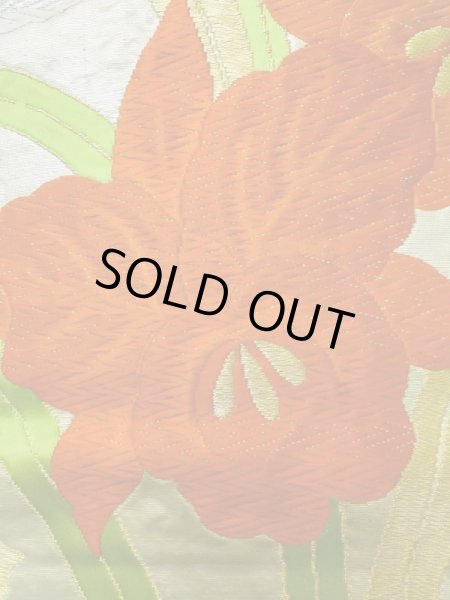 Photo7: L1005J Vintage Japanese Kimono   Silver FUKURO OBI sash Iris Silk. (Grade B) (7)