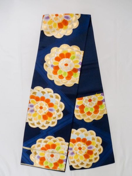 Photo1: L1005R Vintage Japanese Kimono  Dark Blue FUKURO OBI sash Flower Silk. (Grade B) (1)