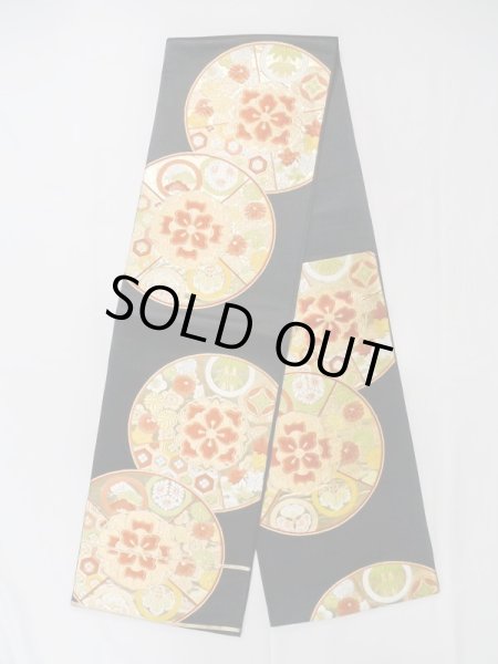 Photo1: Mint L1005T Vintage Japanese Kimono   Black FUKURO OBI sash Flower circle Silk. (Grade A) (1)