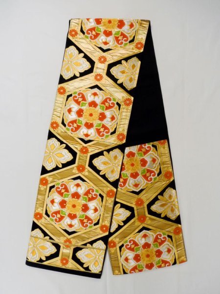 Photo1: L1005V Vintage Japanese Kimono   Black FUKURO OBI sash Chrysanthemum Silk. (Grade A) (1)