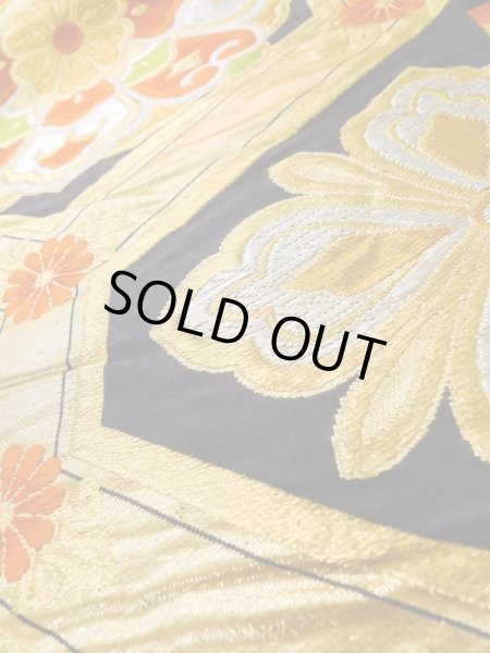 Photo11: L1005V Vintage Japanese Kimono   Black FUKURO OBI sash Chrysanthemum Silk. (Grade A) (11)