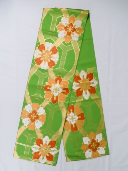 Photo1: L1005Z Vintage Japanese Kimono   Yellowish Green FUKURO OBI sash Flower Silk. (Grade B) (1)