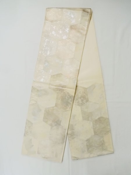 Photo1: L1012B Vintage Japanese Kimono   Off White FUKURO OBI sash Tortoise-shell pattern― Hexagonal pattern Silk. (Grade C) (1)