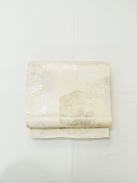 Photo2: L1012B Vintage Japanese Kimono   Off White FUKURO OBI sash Tortoise-shell pattern― Hexagonal pattern Silk. (Grade C) (2)