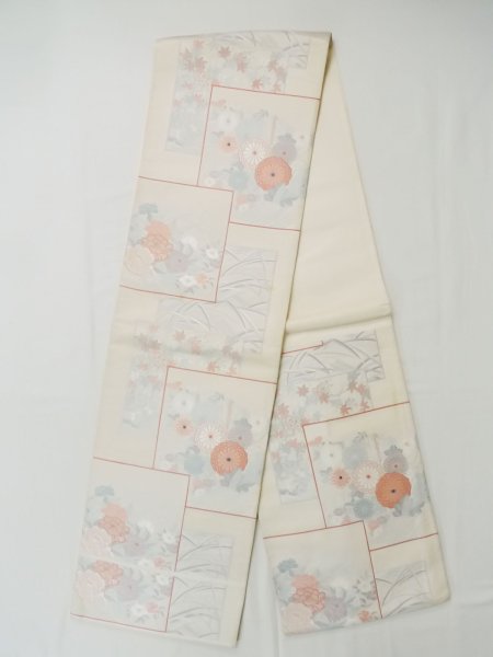 Photo1: L1012G Vintage Japanese Kimono   Off White FUKURO OBI sash Peony Silk. (Grade C) (1)