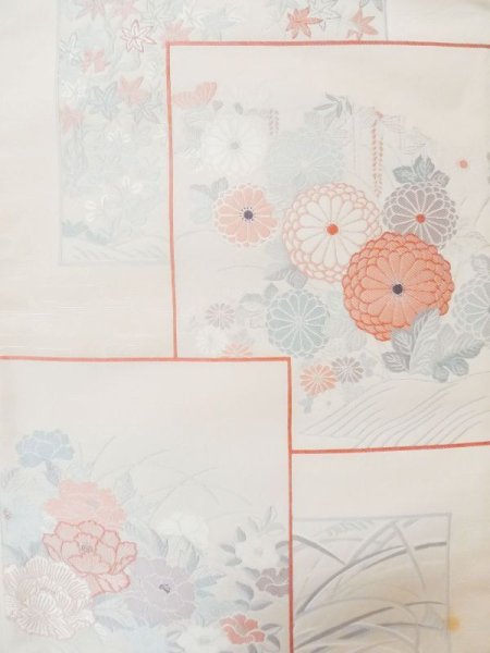 Photo4: L1012G Vintage Japanese Kimono   Off White FUKURO OBI sash Peony Silk. (Grade C) (4)