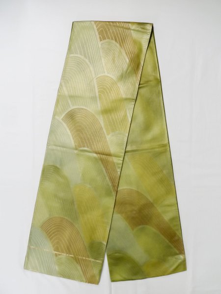 Photo1: L1012M Vintage Japanese Kimono Shiny Pale Taupe FUKURO OBI sash Abstract pattern Silk. (Grade D) (1)
