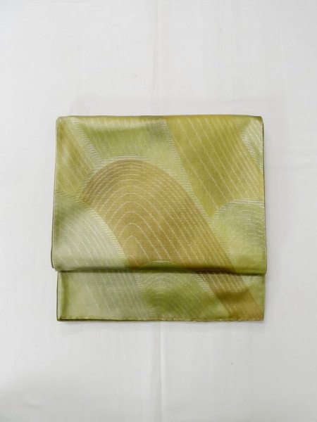 Photo2: L1012M Vintage Japanese Kimono Shiny Pale Taupe FUKURO OBI sash Abstract pattern Silk. (Grade D) (2)