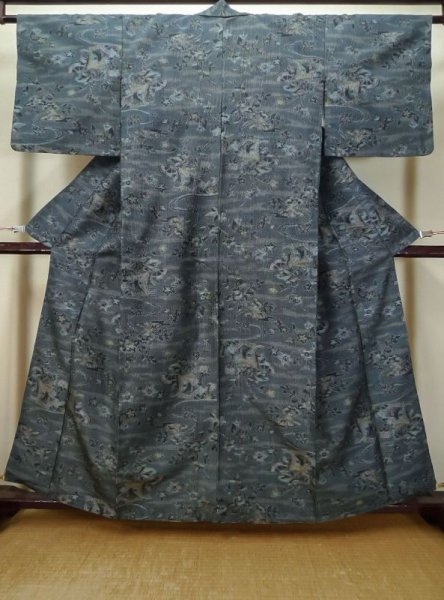 Photo1: L1019B Used Japanese women Dark Blue TSUMUGI pongee / Silk. Flower,   (Grade C) (1)